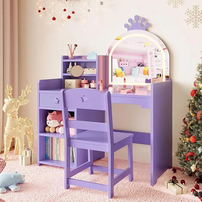HiMISS Kids Vanity With Lights Princess Makeup Desk And Chair Set