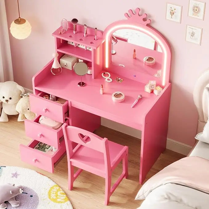 HiMISS Kids Vanity With Lights Princess Makeup Desk And Chair Set