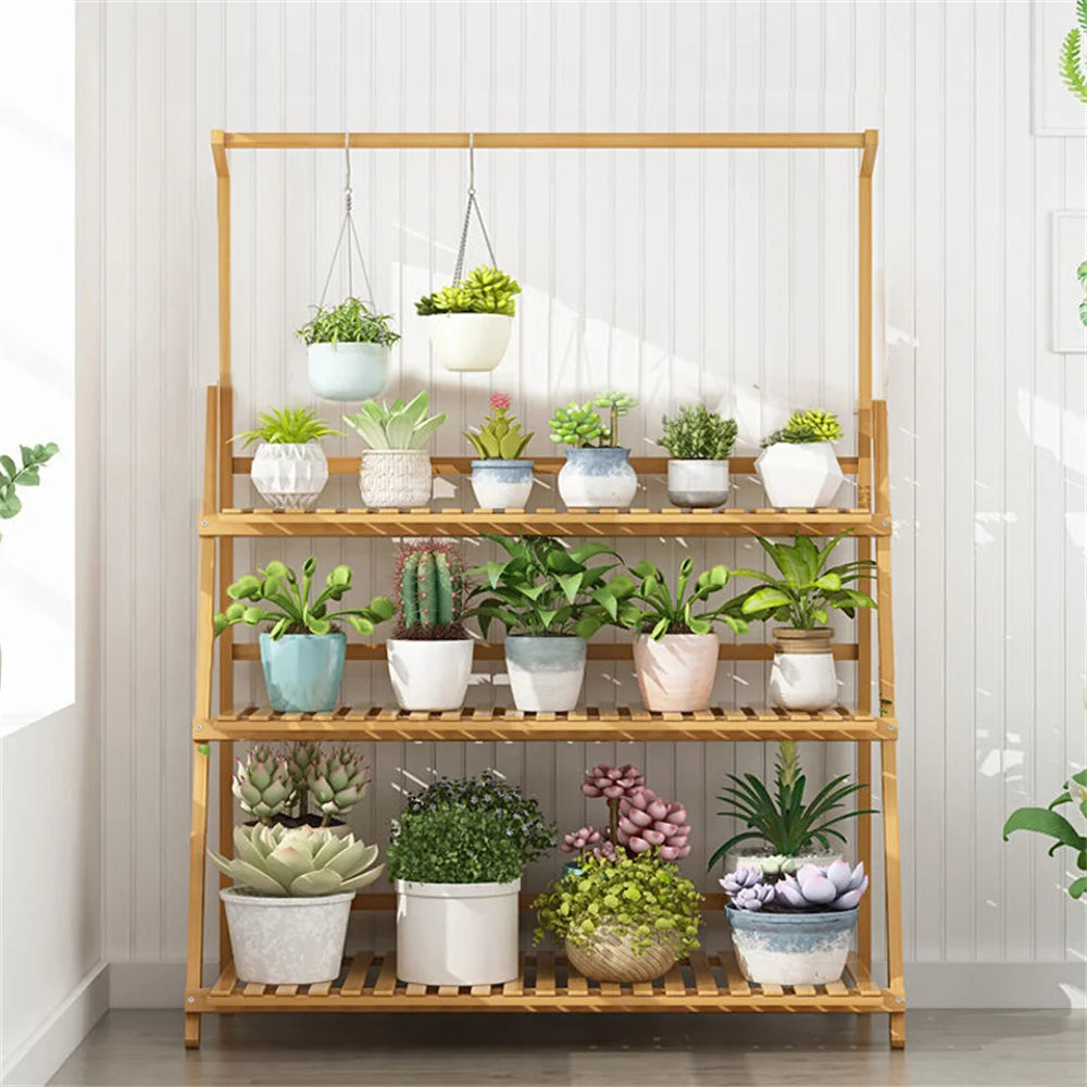 Folding Bamboo Plant Stand 3 Tier Shelf For Indoor Outdoor