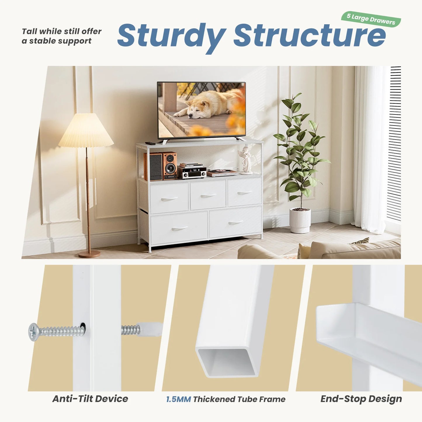 MCQ TV Stand Dresser 5 Fabric Storage Drawers Media Console