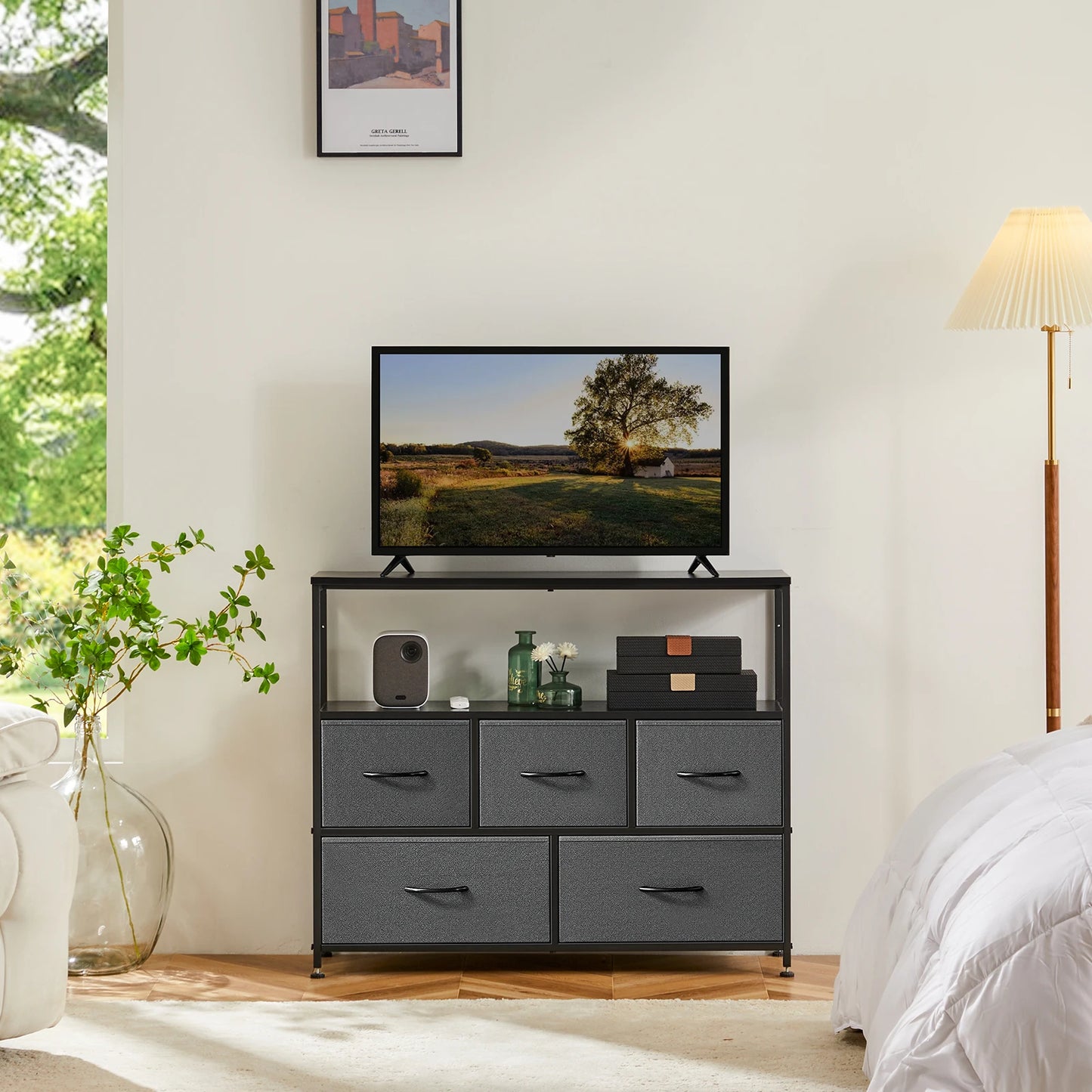 JHK Fireplace TV Stand Dresser With Fabric Drawers