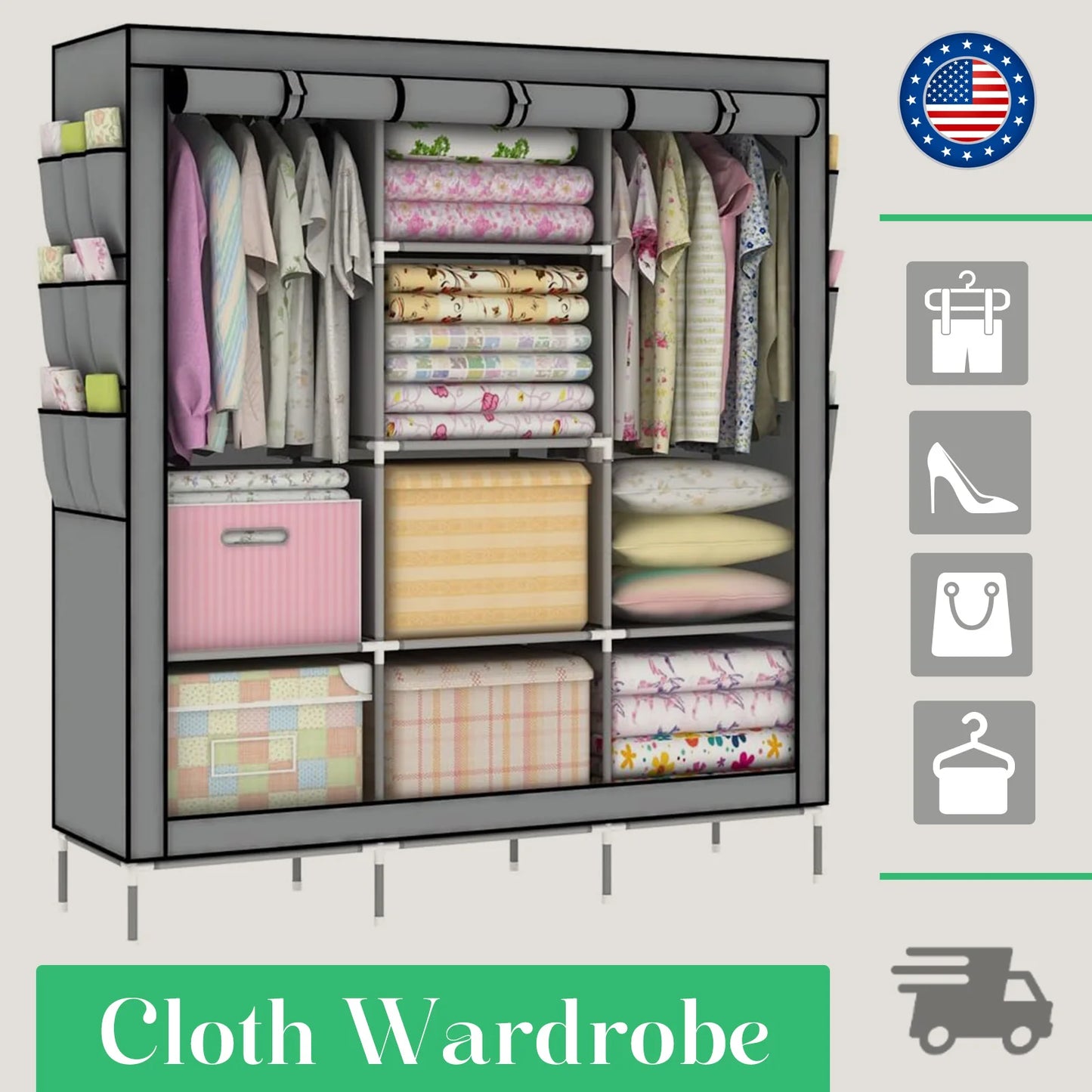 Nonwoven Fabric Closet Organizer Rack With Hanging Rod Portable