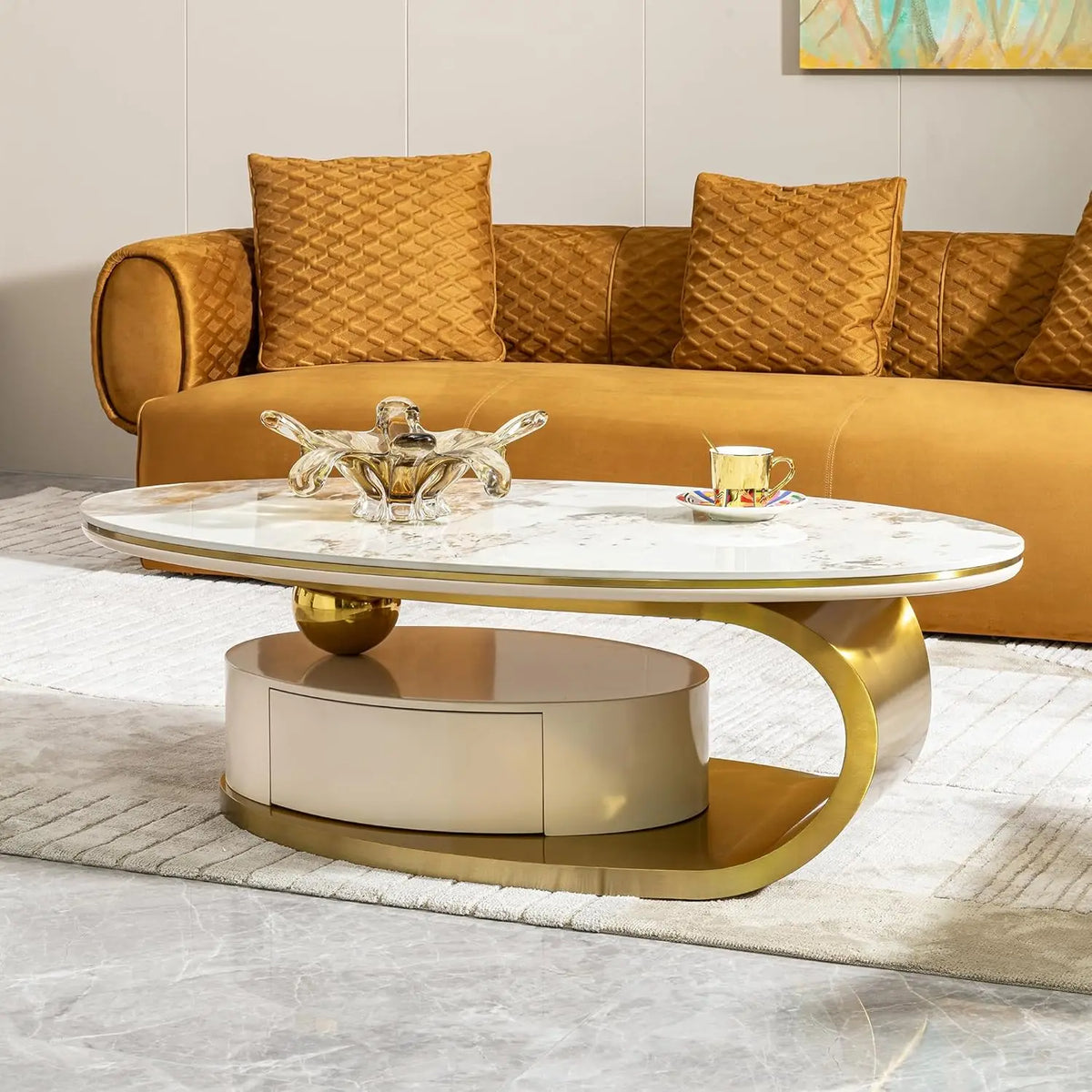 Modern Coffee Table With Sintered Stone Top And Pedestal