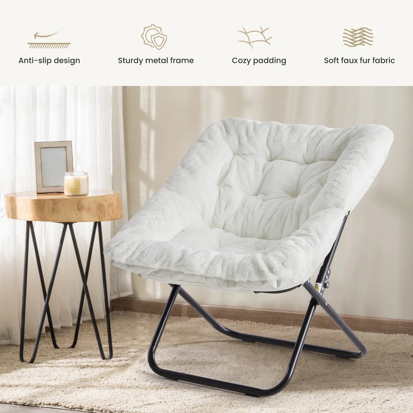 JHK Cozy Saucer Chair Faux Fur Padded Folding Lounge