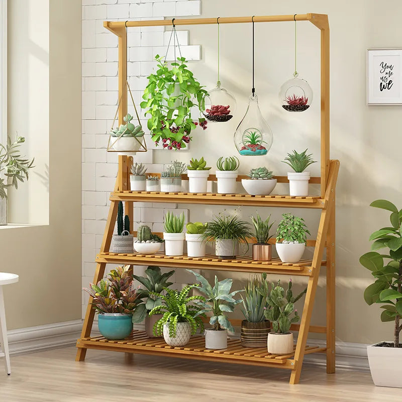 Folding Bamboo Plant Stand 3 Tier Shelf For Indoor Outdoor