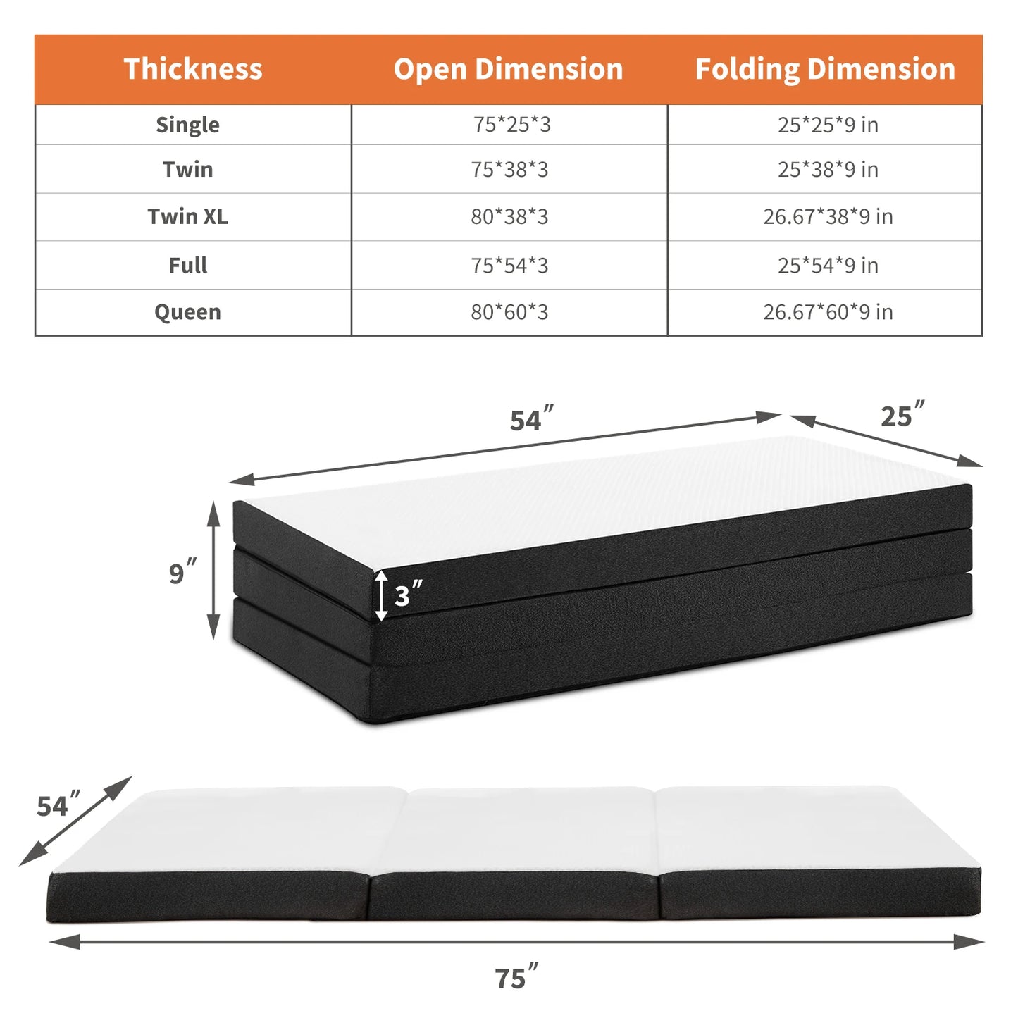 JHK Three Fold Portable Floor Bed Memory Foam For Travel And Camping