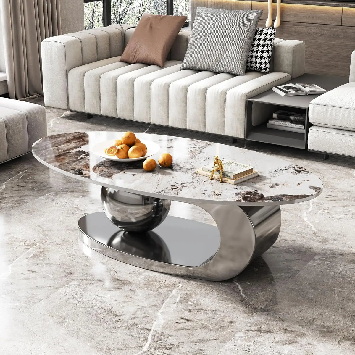 Modern Coffee Table With Sintered Stone Top And Pedestal